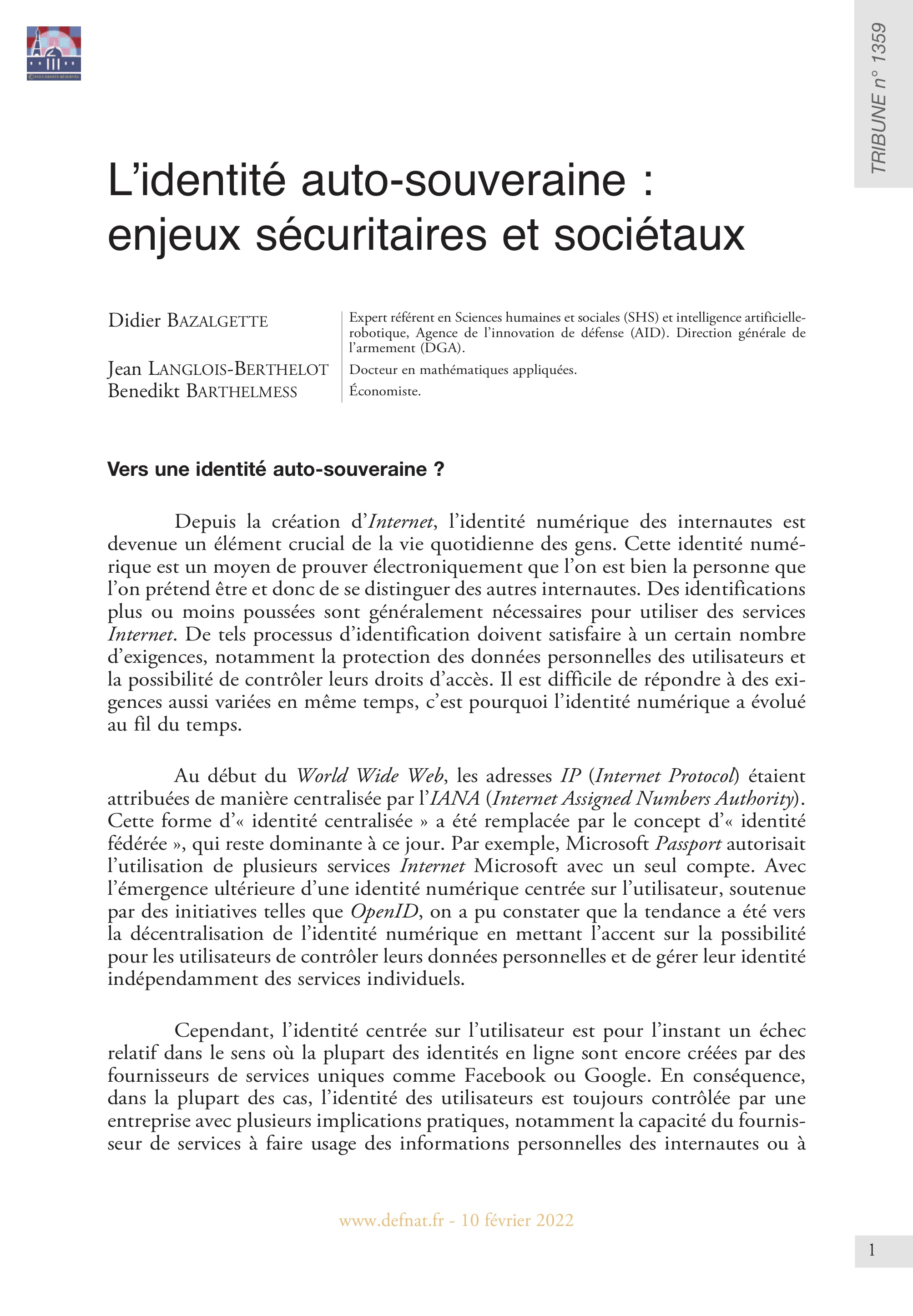 L’Identité auto-souveraine (IAS) : enjeux sécuritaires et sociétaux (T 1359)
